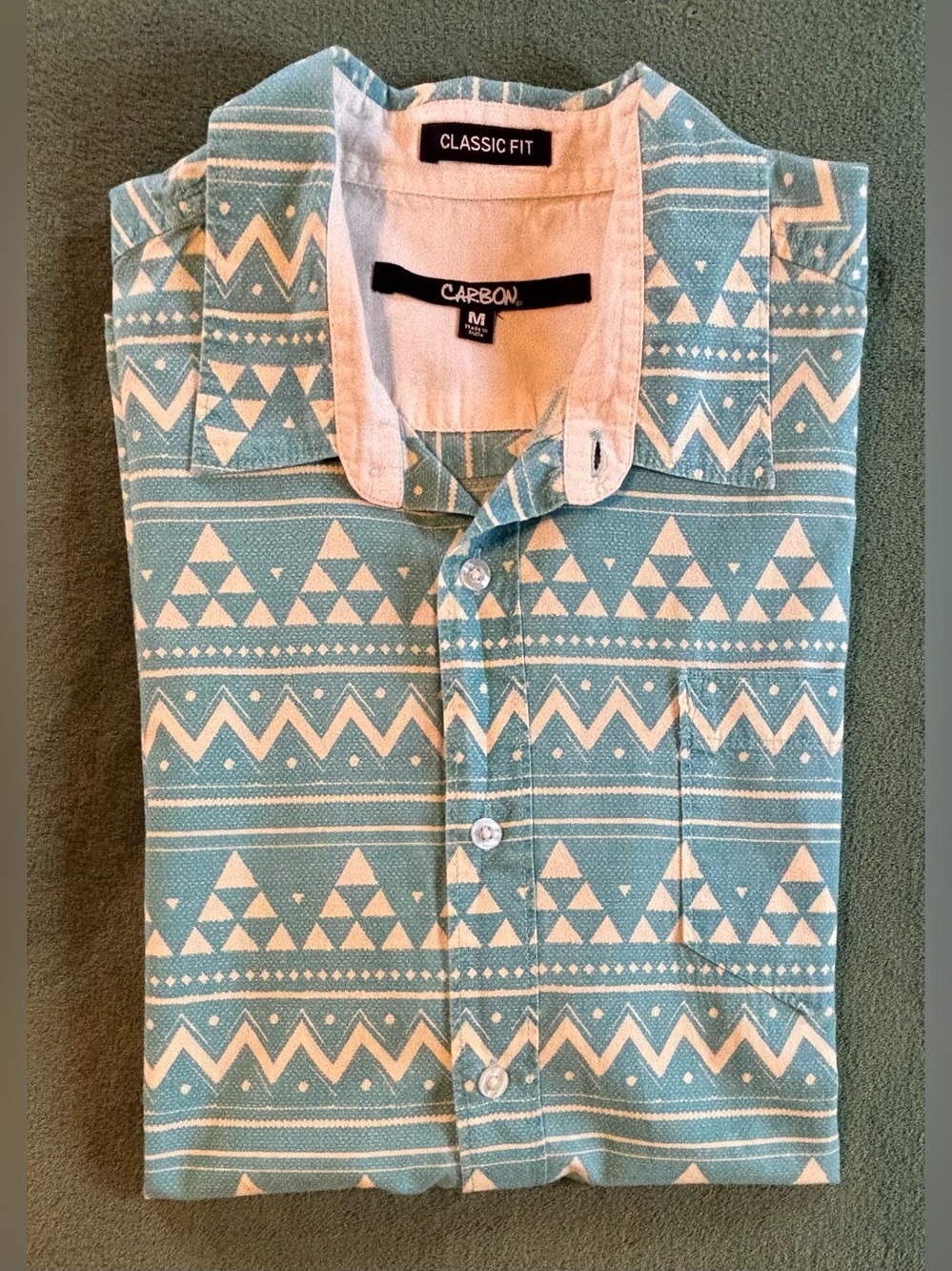 Carbon Classic Fit Men’s Teal Aztec Button-Up Shirt, Size: M (6559)